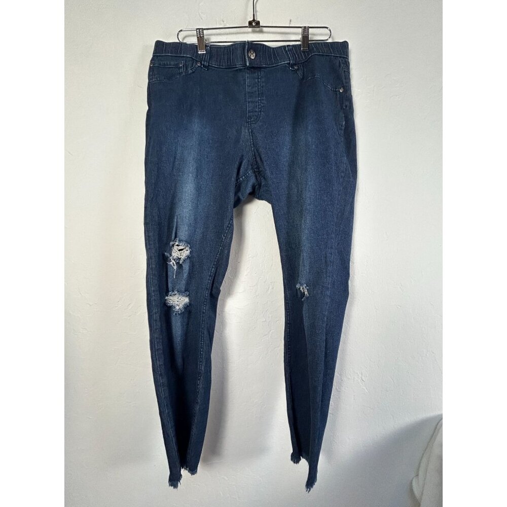 Hue Womens Blue Distressed Denim Skinny Jeans XL Stretch Frayed Hem Mid-Rise